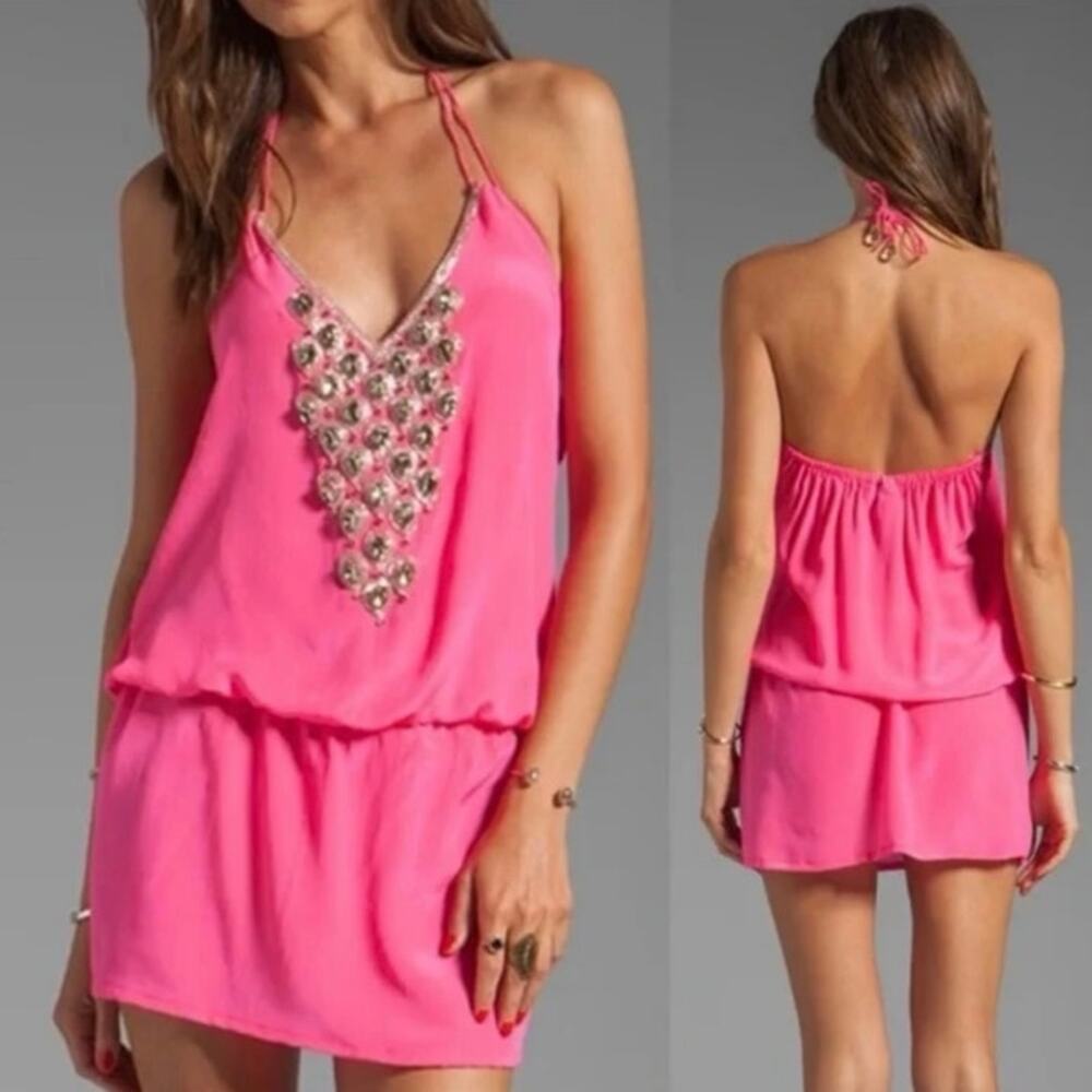 Karina Grimaldi Neon Pink Silk Embellished Rhinestone Beaded Party Dress Revolve